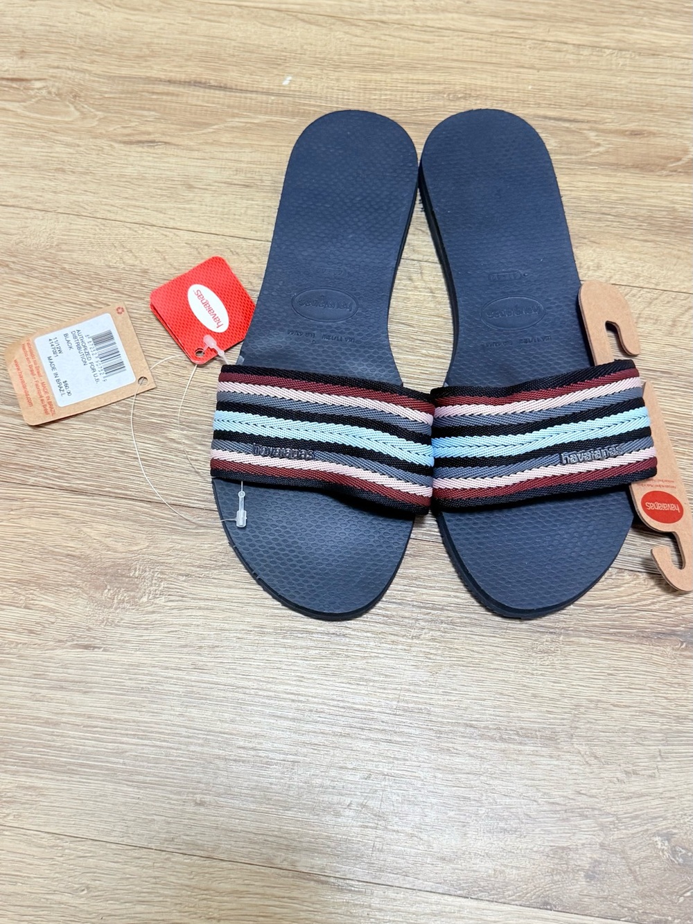 Havaianas Navy Slide Sandals with Multicolor Striped Band